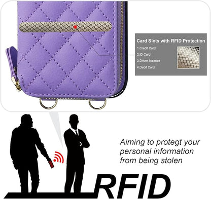 Bocasal Crossbody Wallet Case for iPhone 14 Pro Max, RFID Blocking PU Leather Zipper Handbag Purse Flip Cover, Kickstand Folio Case with Card Slots Holder Wrist Strap Lanyard 5G 6.7 Inch (Purple)