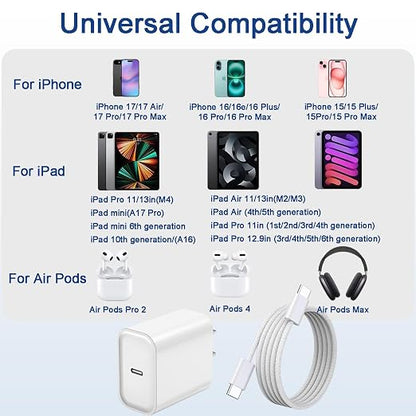 iPhone 17 16 15 Pro Max Charger Fast Charging 3Pack 20W Apple Fast Charger USB C Block with Cord for iPhone 17/17 Pro/17 Pro Max/17 Air/16/16e/16 Plus/16 Pro/16 Pro Max/15/15 Pro Max/iPad Pro/Air Pods