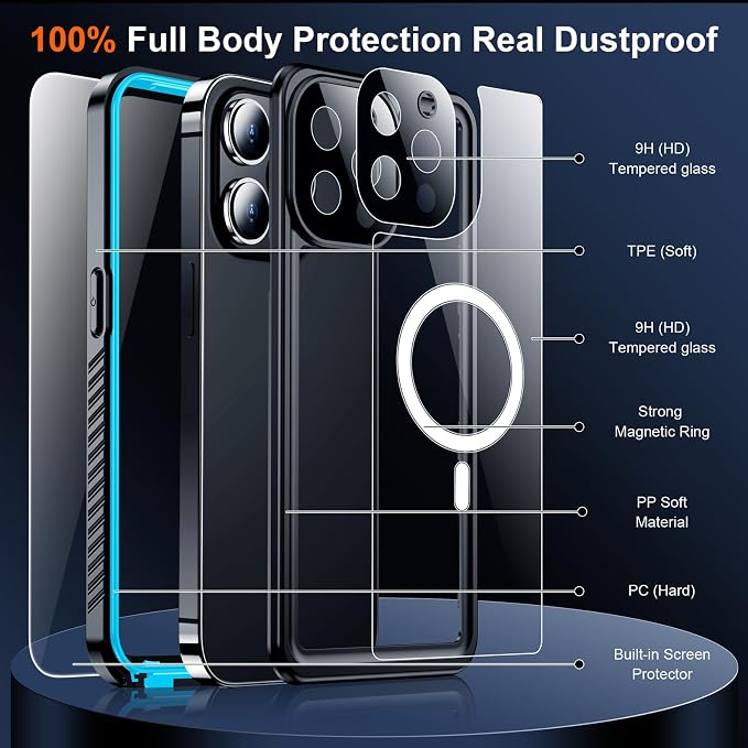 SPIDERCASE Magnetic for iPhone 13 Pro Max Case Waterproof,Built-in Screen & Camera Lens Protector[IP68 Underwater] [Military Grade Shockproof] Full Body Protection Phone Case,Blue/Clear