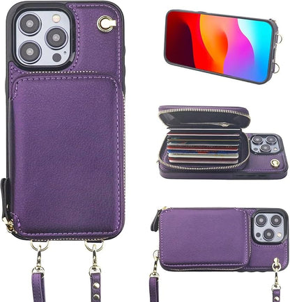 Bocasal Crossbody Wallet Case for iPhone 15 Pro Max, RFID Blocking Leather Purse Case with Card Holder, Protective Handbag Flip Cover with Zipper Wrist Strap Lanyard for Women 6.7 Inch (Dark Purple)