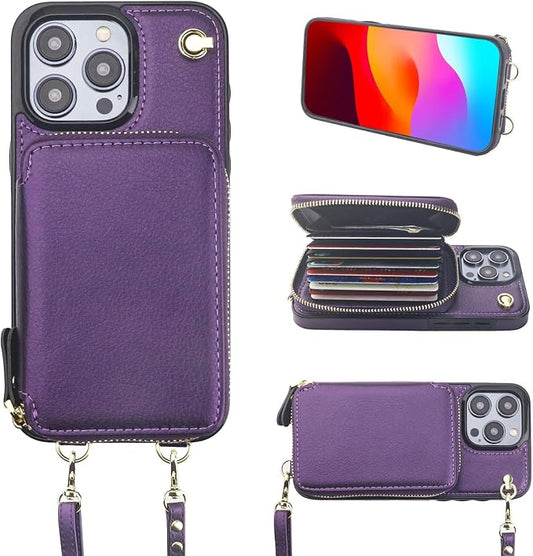 Bocasal Crossbody Wallet Case for iPhone 15 Pro Max, RFID Blocking Leather Purse Case with Card Holder, Protective Handbag Flip Cover with Zipper Wrist Strap Lanyard for Women 6.7 Inch (Dark Purple)