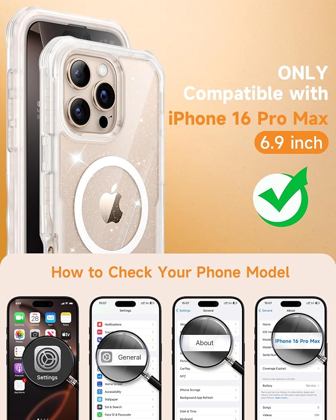 seacosmo Magnetic for iPhone 16 Pro Max Case for Women, Girly, Men, Full Body with Built-in Screen and Camera Lens Protector, Anti-Yellowing, Shockproof Cute Phone Case, 6.9", Clear Glitter
