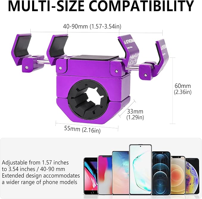 Bike Phone Holder, Motorcycle Phone Mount, Aluminum Alloy Bicycle Handlebar Cell Phone Stand, 360°Rotate Ebike Scooter Phone Clamp Clip, Suitable for 4.5-7.0" Smartphones (Purple)