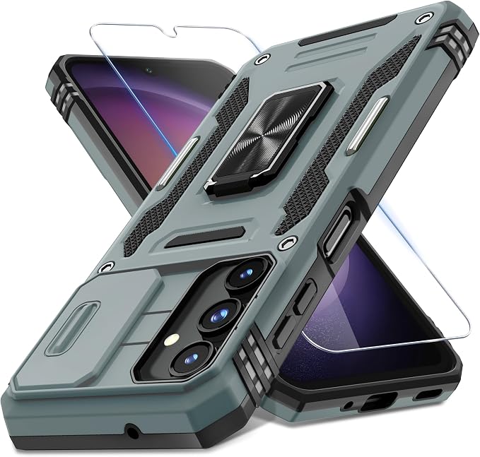 DEERLAMN Case for Samsung Galaxy A16 5G with Slide Camera Cover+Screen Protector (1 Pack), Rotated Ring Kickstand Military Grade Shockproof Protective Cover-Grey
