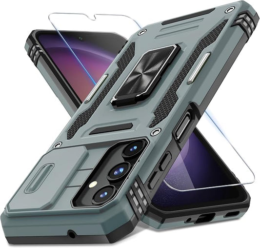 DEERLAMN Case for Samsung Galaxy A16 5G with Slide Camera Cover+Screen Protector (1 Pack), Rotated Ring Kickstand Military Grade Shockproof Protective Cover-Grey
