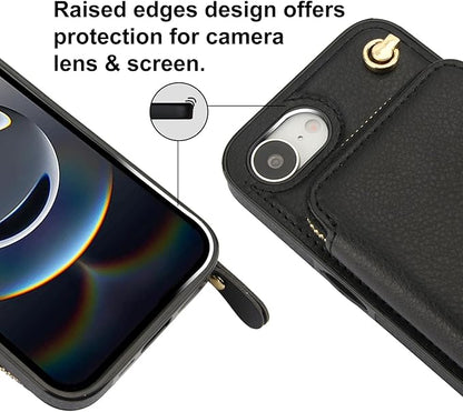 Bocasal Crossbody Wallet Case for iPhone 17e/16e, RFID Blocking Leather Purse Case with Card Holder, Protective Handbag Flip Cover with Zipper Wrist Strap Lanyard for Women 5G 6.1 Inch (Black)