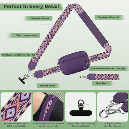 YFWE Clip and Go Strap for Phone with Wallet Crossbody, Adjustable Phone Lanyard with Detachable RFID Wristlet Wallet, Pattern Strap, Dark Purple(M)