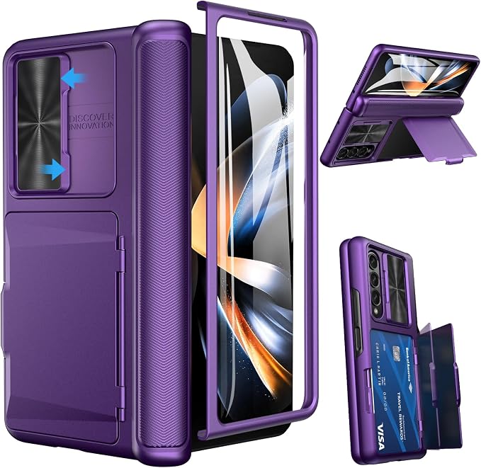 Viaotaily for Galaxy Z Fold 4 Case with Card Holder & Slide Camera Cover, Built-in Screen Protector & Hinge Protection, Shockproof Durable Wallet Phone Case for Galaxy Z Fold 4, Dark Purple