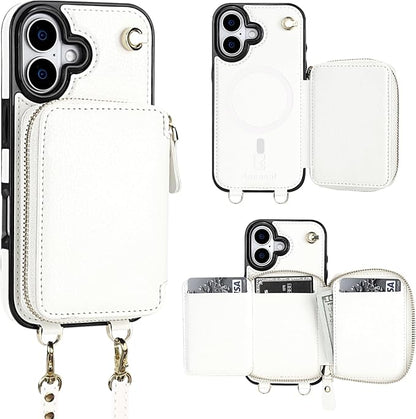 Bocasal for MagSafe Crossbody Wallet Case Compatible with iPhone 17, RFID Blocking Protective Purse Case with Card Slots Holder Kickstand Wrist Strap Lanyard Zipper 6.3 Inch 5G (White)