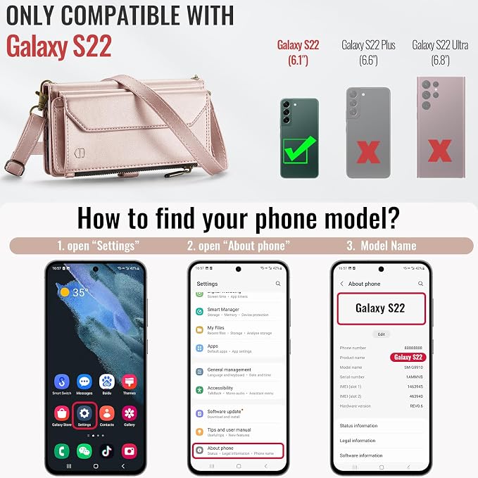 Strapurs Crossbody Wallet Case Compatible with Samsung Galaxy S22 5G RFID Blocking Card Holder Soft PU Leather Magnetic Snap Shoulder Strap Zipper Pocket Phone Case Fit for Galaxy S22 6.1" - Rose Gold