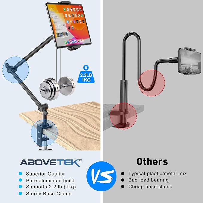 AboveTEK Tablet Stand Holder for Desk & Bed, Aluminum iPad Holder Arm with 360° Rotating Clamp, Adjustable Phone Stand Compatible with 4.7"-13.5" iPad Pro/Air/Mini, iPhone, Galaxy Tab- Black