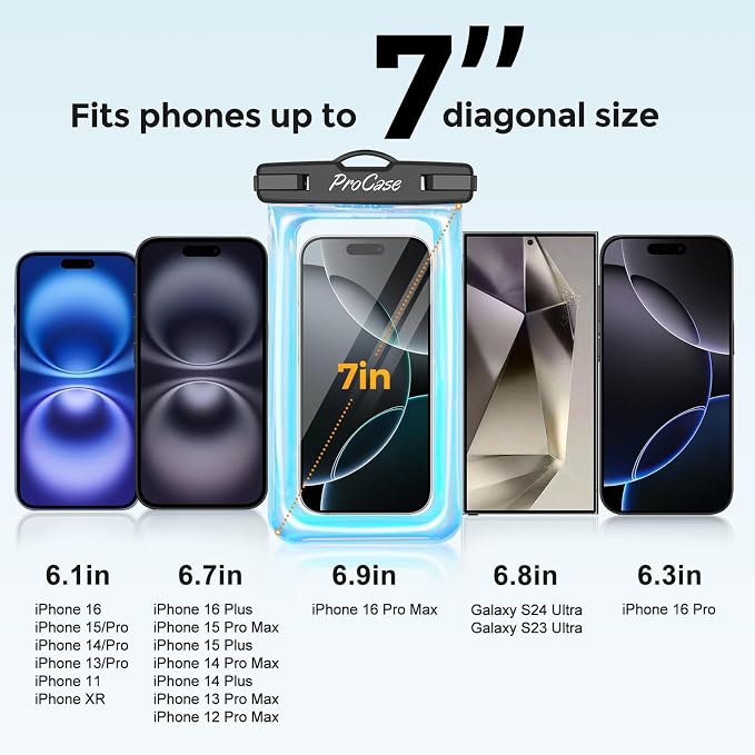 ProCase 2 Pack Floating Waterproof Phone Pouch IPX8, Universal Dry Bag Fits iPhone 17/16/15/14/13 Series, Galaxy S24/S23/S22, Pixel 8/7 (Up to 7”), Touchscreen, Underwater & Snow Protection -Sparkle