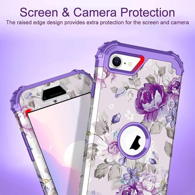 Hocase for iPhone SE 2022/2020 Case, Heavy Duty Shockproof Protection Hard Plastic+Silicone Rubber Hybrid Protective Case for iPhone SE 3rd/2nd Generation (4.7") - Lavender Flowers
