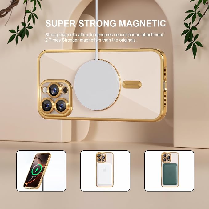 Misea Magnetic for iPhone 16 Pro Case Compatible with MagSafe [Never Yellowing] [Military Grade Drop Protection] Full Camera Lens Protector Plating Soft Clear Phone Case for Women 6.3", Gold