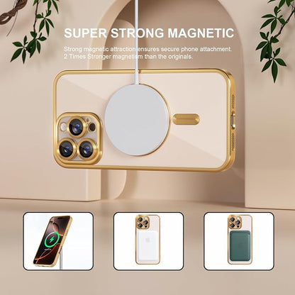 Misea Magnetic for iPhone 16 Pro Case Compatible with MagSafe [Never Yellowing] [Military Grade Drop Protection] Full Camera Lens Protector Plating Soft Clear Phone Case for Women 6.3", Gold