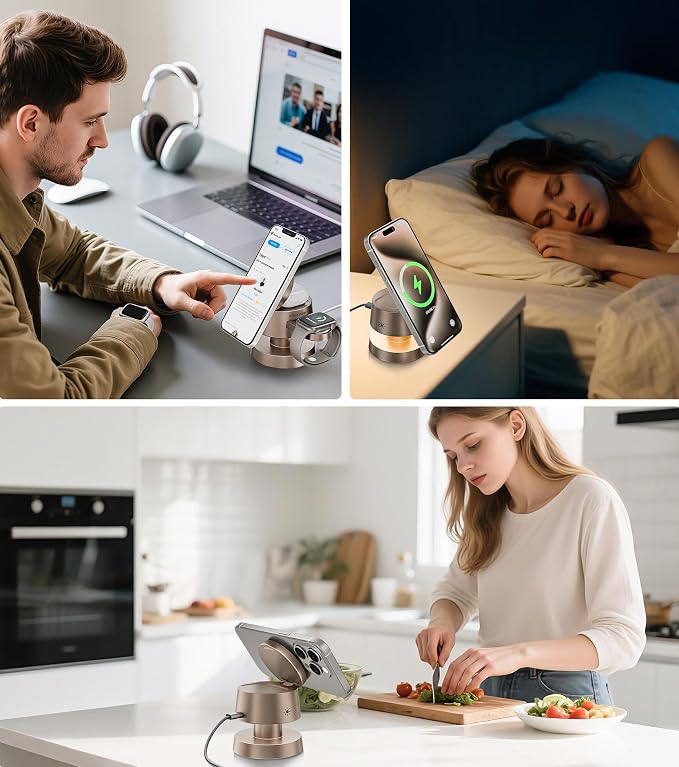 4-in-1 Magnetic Wireless Charging Station for iPhone 17/16/15/14 Pro Max, with Night Lamp and 20W Adapter Wireless Charging Station Fast Charging for Apple Watch, Earphones & Multiple Devices