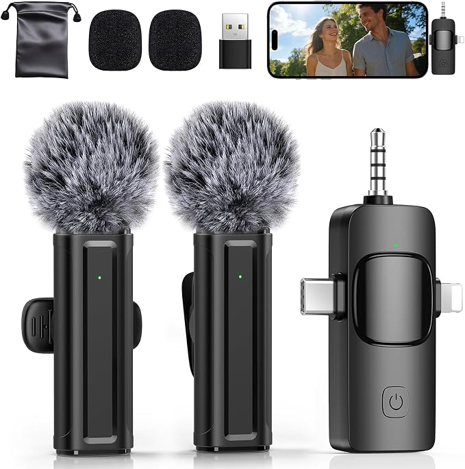 Wireless Mini Microphone for iPhone, Android, Camera, PC, 4 in 1 Lavalier Mic with 360° Rotatable Clip, Plug and Play Noise Reduction Lapel Mic for Video Recording YouTube TikTok Content Creators