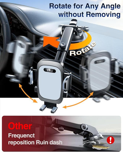 YRU True Military-Grade [360° Rotation Suction] 2026 Ultimate Car Phone Holder Mount 【90+LBS Safest Strongest & Patent Certs】 Dashboard Windshield Vent for iPhone 17 16 Pro Max Samsung, Light Gray