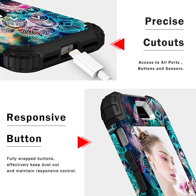 Hocase for iPhone SE 2022/2020 Case, Heavy Duty Shockproof Protection Hard Plastic+Silicone Rubber Hybrid Protective Case for iPhone SE 3rd/2nd Generation (4.7") - Mandala in Galaxy
