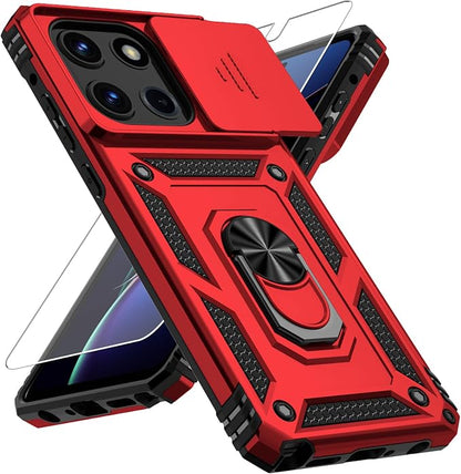 Weycolor for Moto G Stylus 2025 Case with Camera Lens Cover, HD Screen Protector, 10 FT Military Grade Drop Protection, Magnetic Ring Holder Kickstand Protective Phone Case, Red