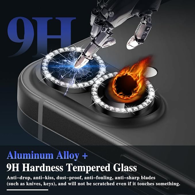 ShinKin Camera Lens Protector for iPhone 16/iPhone 16 Plus, Bling Glitter Camera Cover, 9H Tempered Glass Individual Metal Ring Camera Protector for iPhone 16/iPhone 16 Plus (Diamond - Black)