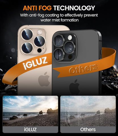iGluz 2 Pack Anti-Reflection Camera Lens Protector for iPhone 16 Pro/iPhone 16 Pro Max [98% Transmittance][1-Step Installation Tray][Strong Adsorption] 9H Shatterproof Tempered Glass-Desert Titanium