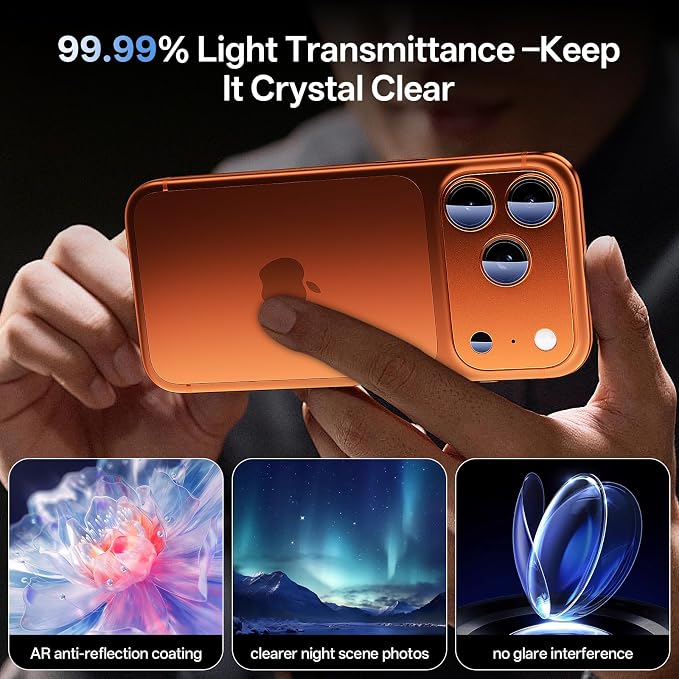 Camera Lens Protector for iPhone 17 Pro 6.3"（2025）-Single Piece,Ultra Thin Aluminum Alloy Frame,9H Dual-Strength Glass with 99% AR Light Transmittance,Case Friendly, Orange
