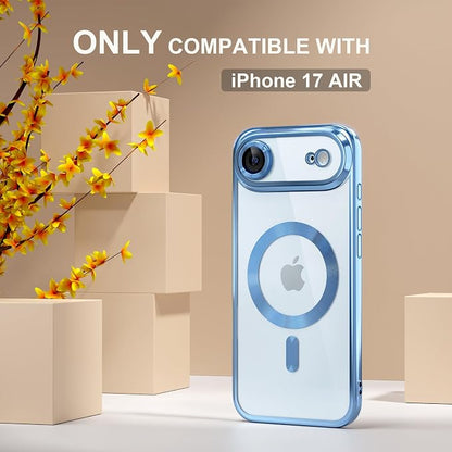 Misea Magnetic for iPhone 17 Air Case Compatible with MagSafe [Never Yellowing] [Military Grade Drop Protection] Full Camera Lens Protector Plating Soft Clear Phone Case for Women, Sky Blue