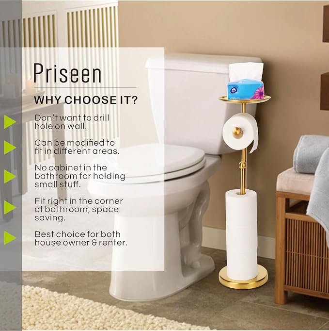 Toilet Paper Holder Stand with Phone Shelf, Gold TP Holder Freestanding, Holds 5 Rolls, Stainless Steel (Gold)