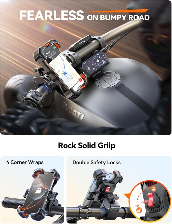 JOYROOM Motorcycle Phone Mount, [1s Auto Lock][100mph Military Anti-Shake] Bike Phone Holder for Bicycle, [10s Quick Install] Handlebar Phone Mount, Compatible with iPhone, Samsung, All Phone, Orange