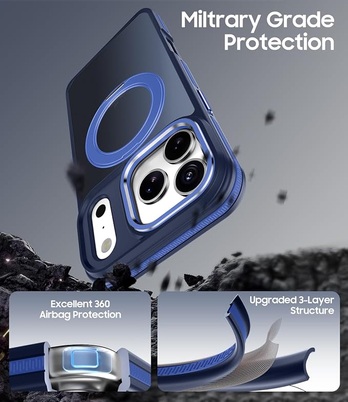 for iPhone 17 Pro Case with 360 Magnetic Ring Stand, Fit MagSafe, Military-Grade Shockproof Protection, Non-Slip Slim Translucent Protective Phone Cover, Blue