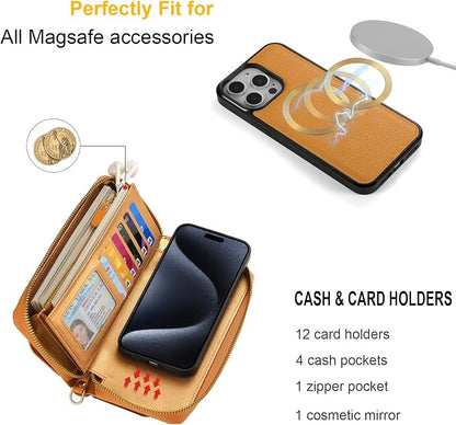 Crossbody Wallet Case for iPhone 16 Pro Max, Magnetic Detachable Floral PU Leather Phone Case with RFID Blocking Card Holder Wristlet Mirror Flip Zipper Shoulder Purse for Wome - Orange