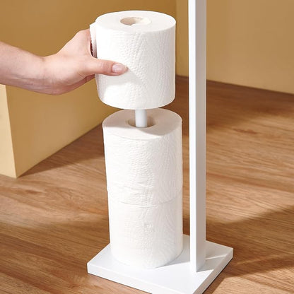 Freestanding Toilet Paper Holder for Bathroom–Stainless Steel Square Tissue Dispenser with Storage Tray & Roll Organizer (White)