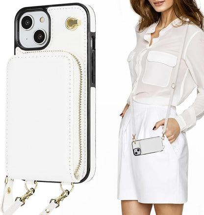 KIHUWEY Crossbody Wallet Case for iPhone 13 iPhone 14, Zipper Pocket Case with Card Holder, PU Leather RFID Blocking Protective Cover Case with Kickstand Detachable Wrist Strap Lanyard 6.1" (White)
