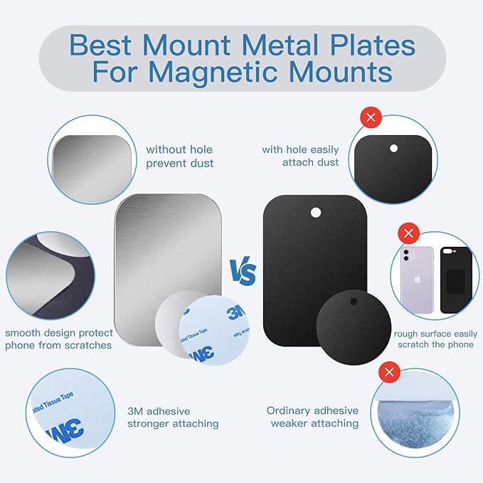 OWLKELA Mount Metal Plate for Phone Magnet Car Mount Holder Cradle with Adhesive, Universal Replacement Sticker Compatible with Magnetic Mounts - 10 Pack Silver (4 Rectangle and 6 Round)