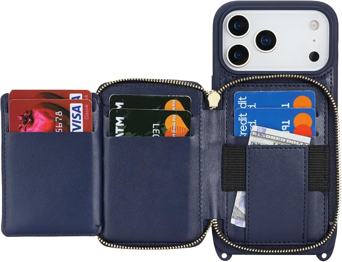 Crossbody Wallet Case for iPhone 17 Pro Max, PU Leather Zipper Handbag Purse Flip Cover, Kickstand Folio Case with Card Slots Holder Wrist Strap Lanyard 5G 6.9 Inch-Blue