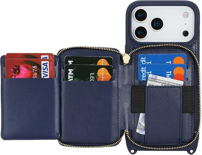 Crossbody Wallet Case for iPhone 17 Pro Max, PU Leather Zipper Handbag Purse Flip Cover, Kickstand Folio Case with Card Slots Holder Wrist Strap Lanyard 5G 6.9 Inch-Blue