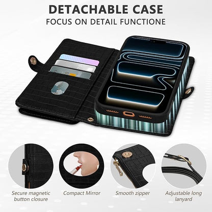 Crossbody Wallet Case for iPhone 17 Pro Max with Mirror, Wrist Strap, Detachable Zipper Purse, Magnetic Flip RFID Blocking Card Holder, Wireless Charging Case 6.9" Women (Textured Black)