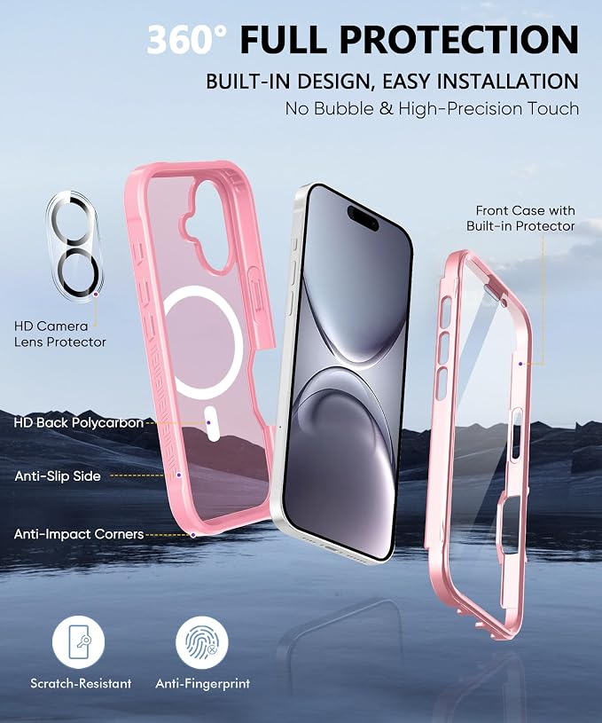 Compatible with iPhone 16 Plus Case, Built-in Screen Protector, with Camera Lens Protector, [Compatible with MagSafe] Matte Back Full Body Phone Case, Protective Cover for 16 Plus 6.7" (Pink)