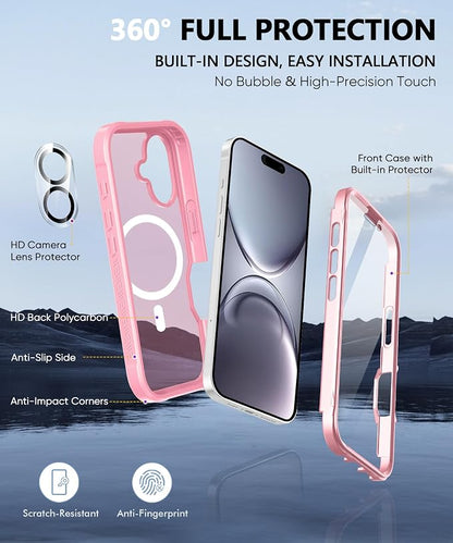 Compatible with iPhone 16 Case, Built-in Screen Protector, with Camera Lens Protector, [Compatible with MagSafe] Matte Back Full Body Phone Case, Protective Cover for 16 6.1" (Pink)