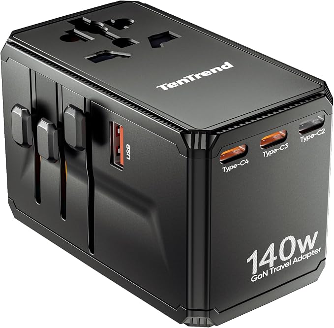 TenTrend Universal Travel Adapter, 140W International Power Adapter with 4 USB-C & 1 USB-A Ports, European Travel Plug Adapter, Worldwide Travel Essentials for EU UK AUS USA