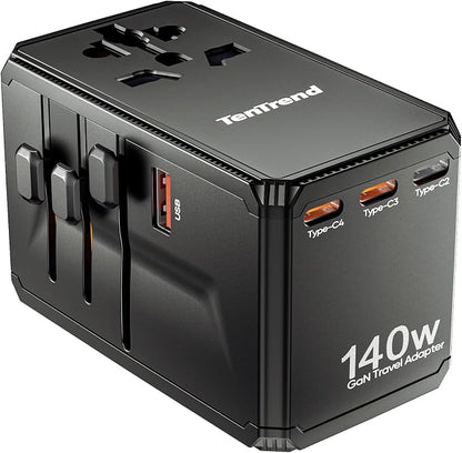 TenTrend Universal Travel Adapter, 140W International Power Adapter with 4 USB-C & 1 USB-A Ports, European Travel Plug Adapter, Worldwide Travel Essentials for EU UK AUS USA