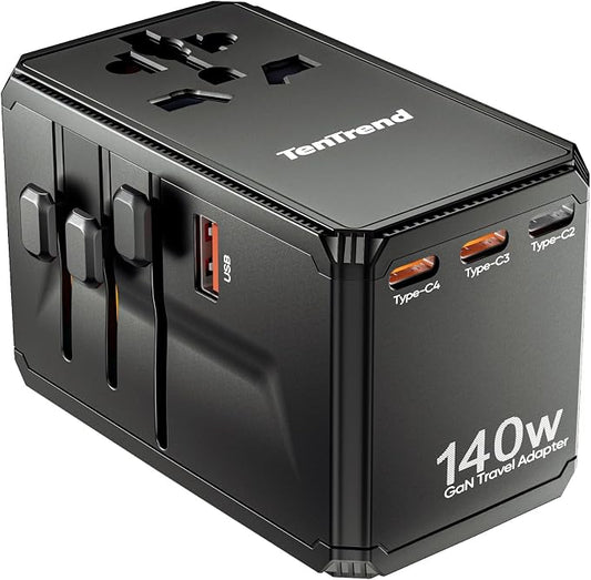 TenTrend Universal Travel Adapter, 140W International Power Adapter with 4 USB-C & 1 USB-A Ports, European Travel Plug Adapter, Worldwide Travel Essentials for EU UK AUS USA