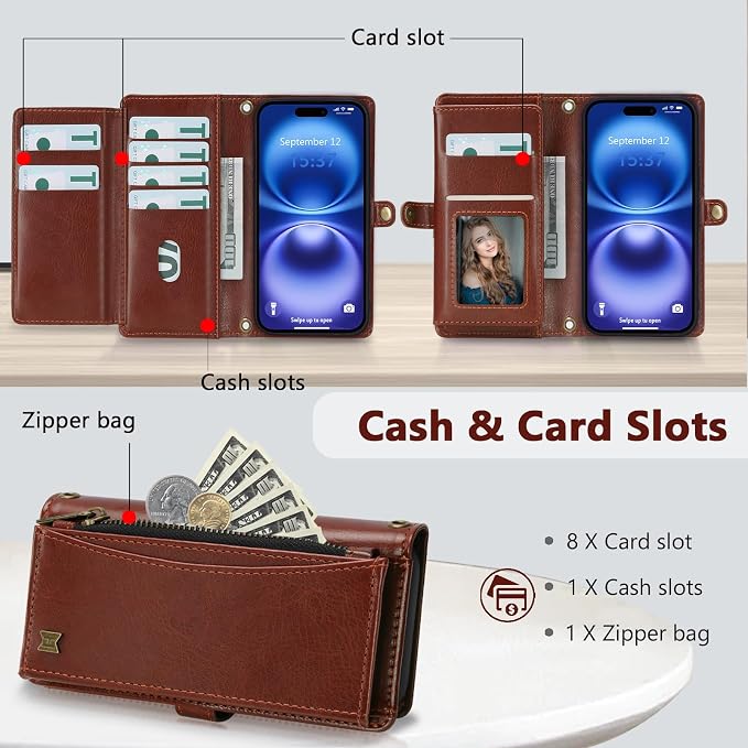 Wallet Case for iPhone 16 with Card Holder/Crossbody Wallet/Strap| RFID Blocking | Magnetic | Kickstand | Detachable | PU Leather Phone Case for iPhone 16,6.1 in,Brown