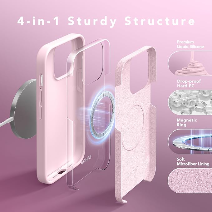 GONEZ for iPhone 14 Pro Max Case Silicone, Compatible with MagSafe, with Screen Protector + Camera Lens Protector, Liquid Silicone Shockproof Protective Phone 14 ProMax Case 6.7", Pastel Pink