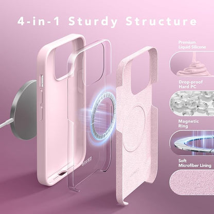 GONEZ for iPhone 14 Pro Max Case Silicone, Compatible with MagSafe, with Screen Protector + Camera Lens Protector, Liquid Silicone Shockproof Protective Phone 14 ProMax Case 6.7", Pastel Pink
