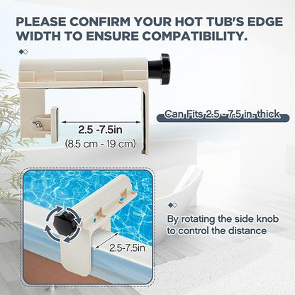 Geelin 2 Pcs Hot Tub Table Tray, Adjustable Aboveground Bathtub Tray with 2 Cup Holder, Between 2'' to 7.5'' Nonslip Hot Tub Accessories Shelf Drinks Snacks Phone Holder for Spa Bathtub (Ivory White)