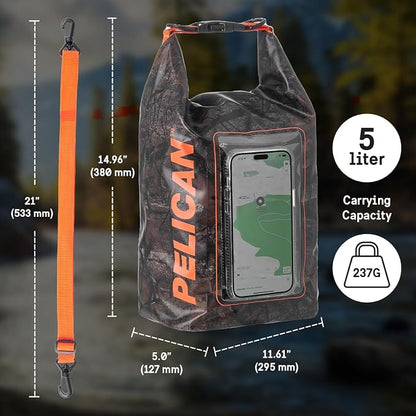 Pelican Marine IP68 Waterproof Dry Bag 5L - Roll Top Waterproof Backpack w/Phone Case/Pouch - Boating & Kayak Accessories - Essentials for Camping Swimming Beach Fishing Rafting Travel - Hunter Camo