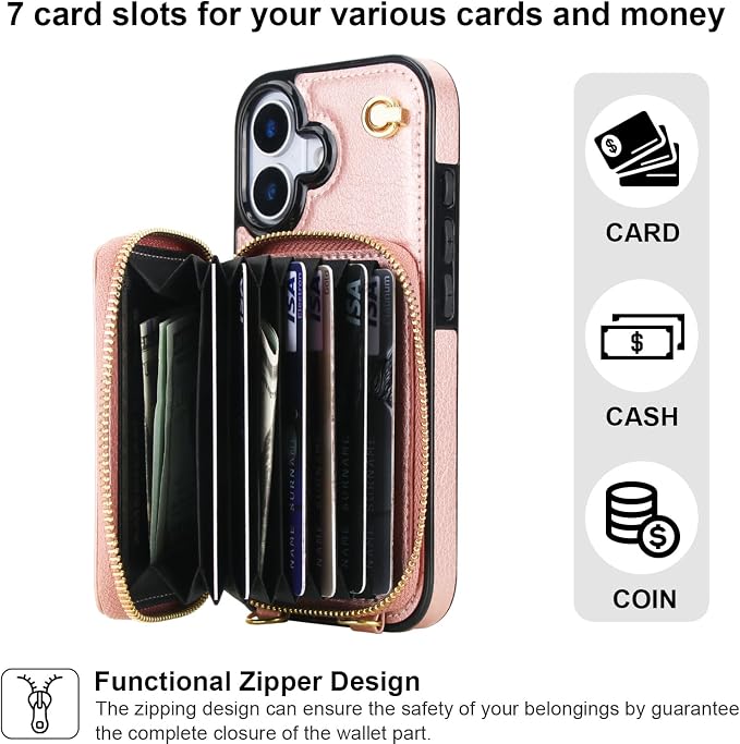 Bocasal Crossbody Wallet Case for iPhone 17, RFID Blocking Leather Purse Case with Card Holder, Protective Handbag Flip Cover with Zipper Wrist Strap Lanyard for Women 5G 6.3 Inch (Rose Gold)
