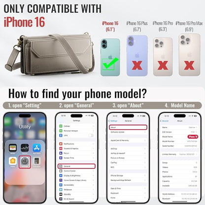 Strapurs Wallet Case Compatible with iPhone 16 6.1" RFID Blocking 7-Card Holder Soft PU Leather Magnetic Snap Shoulder Strap Zipper Pocket Phone Case Fit for iPhone 16 for Women - Grey